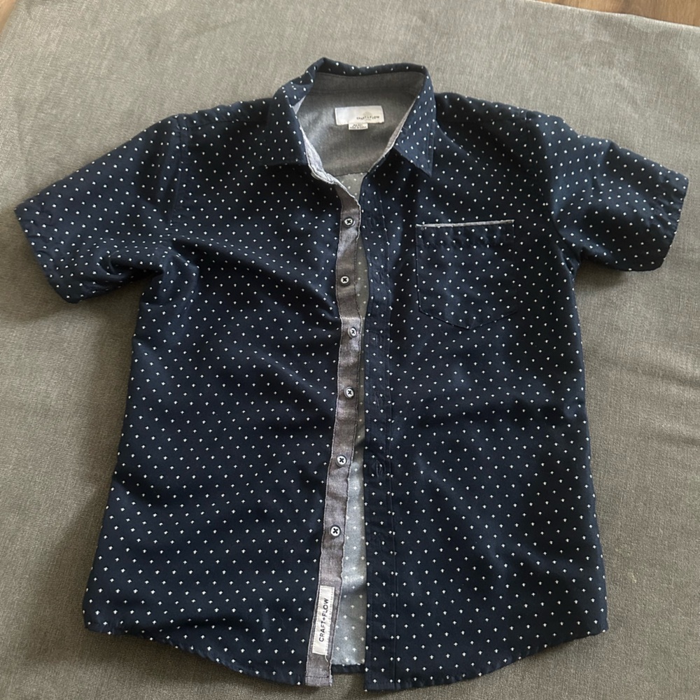 Polka Dot Short Sleeve Button-Up Shirt - Navy with White Dots